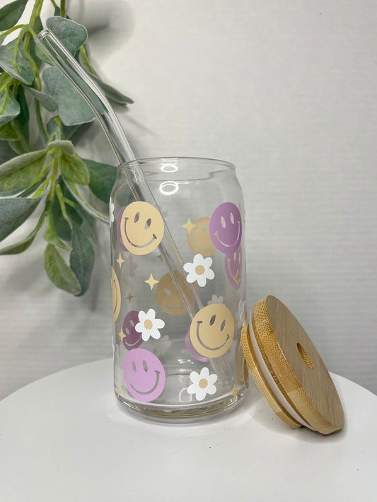 Vaso Lata Vidrio Can Glass Caritas Felices y Flores