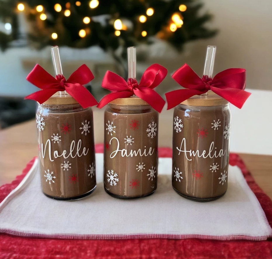Can Glass Tumbler Vaso Lata Navideña Personaliza con un nombre! Navidad